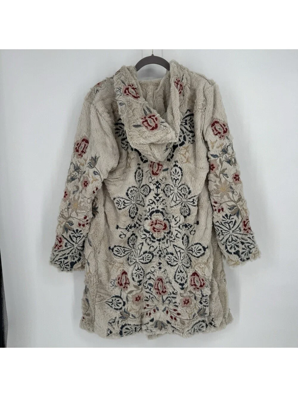 Johnny Was Biya coat womens medium M embroidered hooded faux fur boho floral